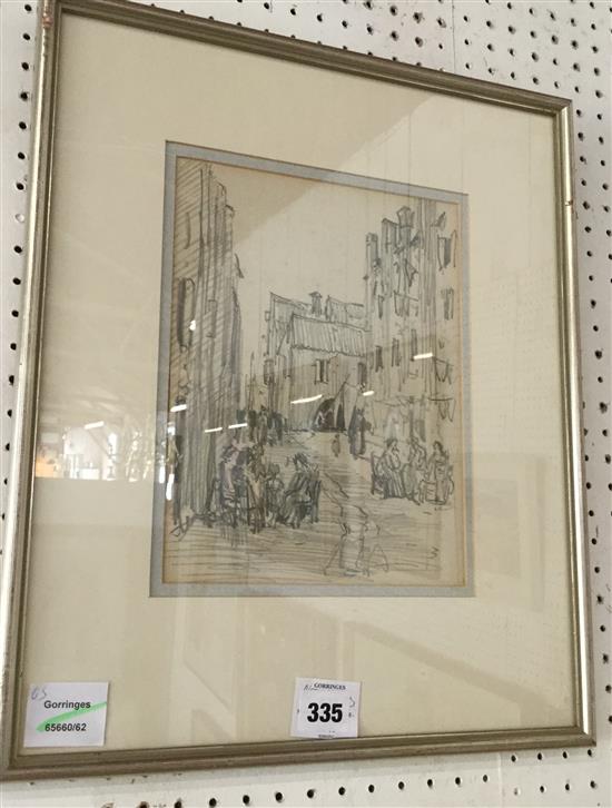 Pencil on sketch, Venice - a street scene with figures at cafe